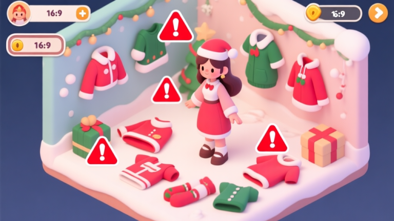 自动生成图片: A cozy, festive game UI screen showing a stylized female avatar surrounded by confusing holiday-themed clothing items, with red warning icons over mismatched pieces, soft pastel Christmas color palette, isometric view high quality illustration, detailed, 16:9