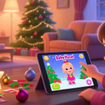 自动生成图片: A cozy, warm living room scene with a Christmas tree. A child's hand is seen on a tablet showing the Baby Hazel Christmas game, while real-life Christmas decorations like a star and baubles are scattered nearby, ready to be used. Soft, festive lighting. high quality illustration, detailed, 16:9