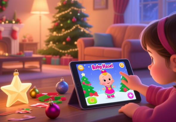 自动生成图片: A cozy, warm living room scene with a Christmas tree. A child's hand is seen on a tablet showing the Baby Hazel Christmas game, while real-life Christmas decorations like a star and baubles are scattered nearby, ready to be used. Soft, festive lighting. high quality illustration, detailed, 16:9