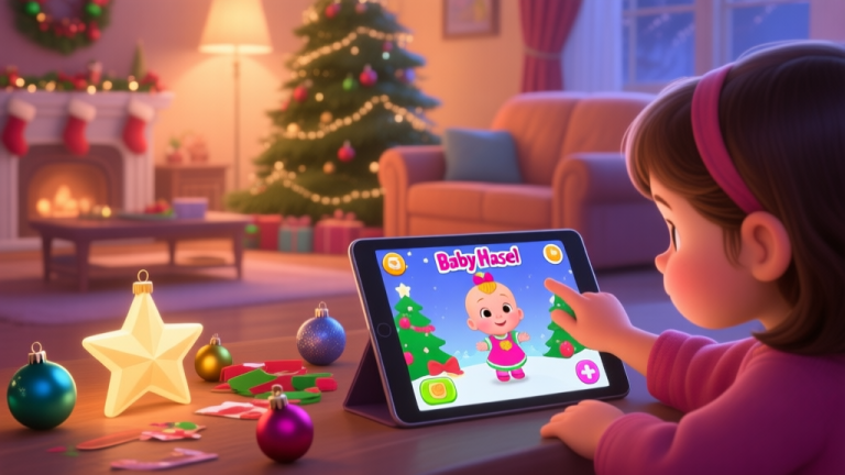 自动生成图片: A cozy, warm living room scene with a Christmas tree. A child's hand is seen on a tablet showing the Baby Hazel Christmas game, while real-life Christmas decorations like a star and baubles are scattered nearby, ready to be used. Soft, festive lighting. high quality illustration, detailed, 16:9