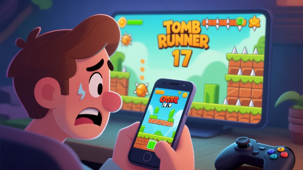 A frustrated gamer looking at a game over screen on a mobile device, with the Tomb Runner level 17 in the background showing spike traps, soft lighting, cartoonish style high quality illustration, detailed, 16:9