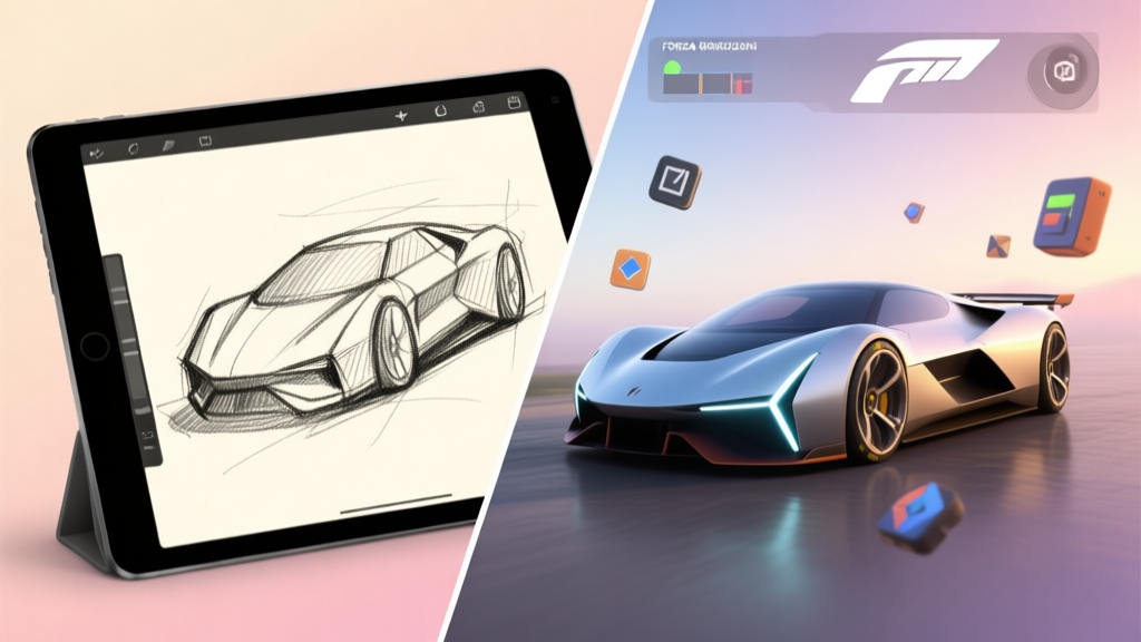 A split-screen image showing a rough, amateurish car sketch on a tablet next to a sleek, professionally designed virtual car in a game like Forza Horizon, with design tools floating around, soft gradient background high quality illustration, detailed, 16:9