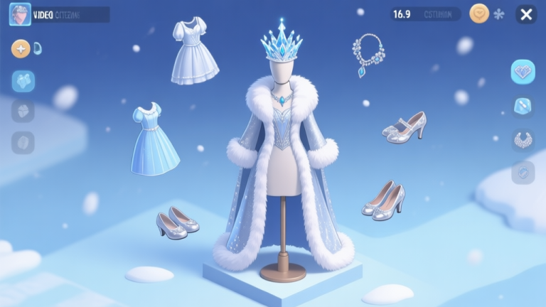 自动生成图片: A stylized, elegant video game character customization screen for a winter theme, showing a mannequin with a sparkling icy crown and fur-trimmed gown, surrounded by floating wardrobe icons for dresses, accessories, and shoes. Soft blue and silver color palette, clean interface, isometric view high quality illustration, detailed, 16:9