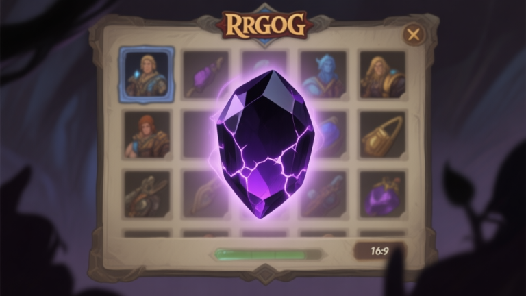 自动生成图片: A dark, mysterious gemstone with a faint purple crackle of energy, hovering over an RPG character's inventory screen, soft glow, muted colors high quality illustration, detailed, 16:9