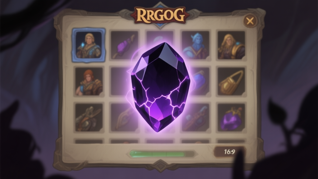 A dark, mysterious gemstone with a faint purple crackle of energy, hovering over an RPG character's inventory screen, soft glow, muted colors high quality illustration, detailed, 16:9