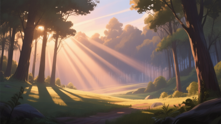 自动生成图片: A serene game landscape showing dynamic time of day transition, with long shadows and volumetric god rays piercing through a forest canopy, soft warm color palette, digital painting style high quality illustration, detailed, 16:9