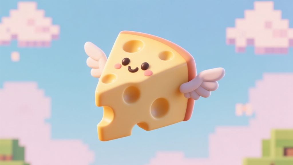 A humorous and whimsical 3D render of a piece of Swiss cheese with small cartoon wings, floating against a soft pastel background of a game-like sky with pixelated clouds, in a gentle color scheme high quality illustration, detailed, 16:9