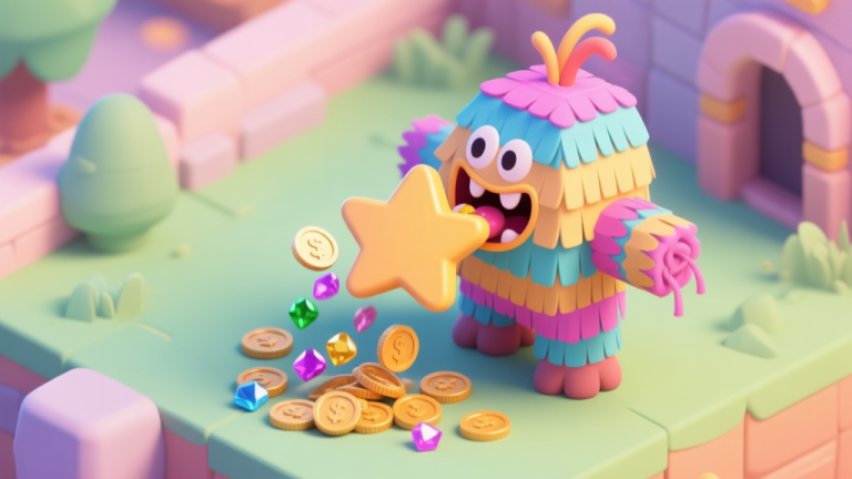 自动生成图片: A vibrant, stylized 3D render of a cartoonish Piñata Muncher creature in a game environment, happily chewing on a star-shaped loot pinata, with coins and gems spilling out. Soft pastel color palette, isometric view. high quality illustration, detailed, 16:9