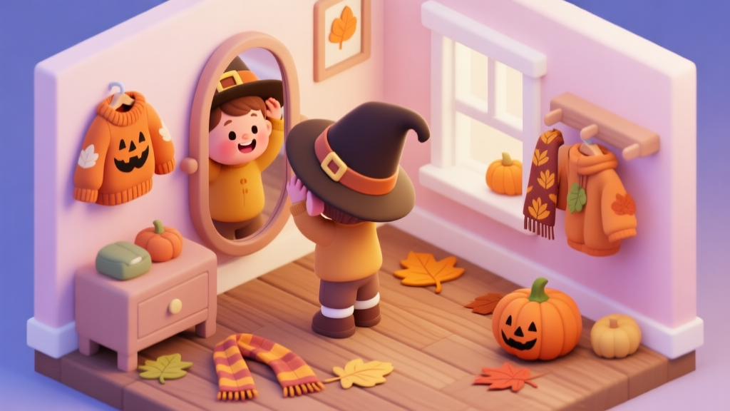 A cozy, isometric room scene in soft pastel colors, featuring a cheerful toddler character trying on a large pilgrim hat in front of a mirror, with other autumn-themed clothing items like a pumpkin sweater and leaf-patterned scarf scattered around on a wooden floor high quality illustration, detailed, 16:9