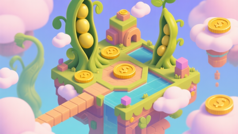 自动生成图片: Isometric view of a vibrant, fantastical game level with golden coins hidden among giant beanstalks and cloud platforms, soft pastel color palette, video game illustration style high quality illustration, detailed, 16:9