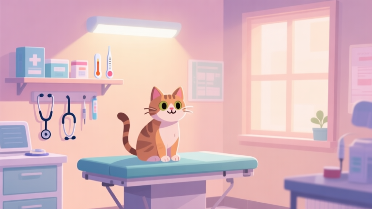 自动生成图片: A cozy, softly lit veterinary clinic room in a 2D cartoon style, with a friendly-looking cat on an examination table and various medical tools like a stethoscope and thermometer placed neatly on a shelf, pastel color palette high quality illustration, detailed, 16:9