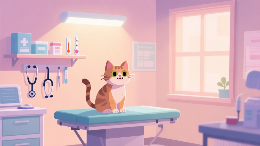 A cozy, softly lit veterinary clinic room in a 2D cartoon style, with a friendly-looking cat on an examination table and various medical tools like a stethoscope and thermometer placed neatly on a shelf, pastel color palette high quality illustration, detailed, 16:9