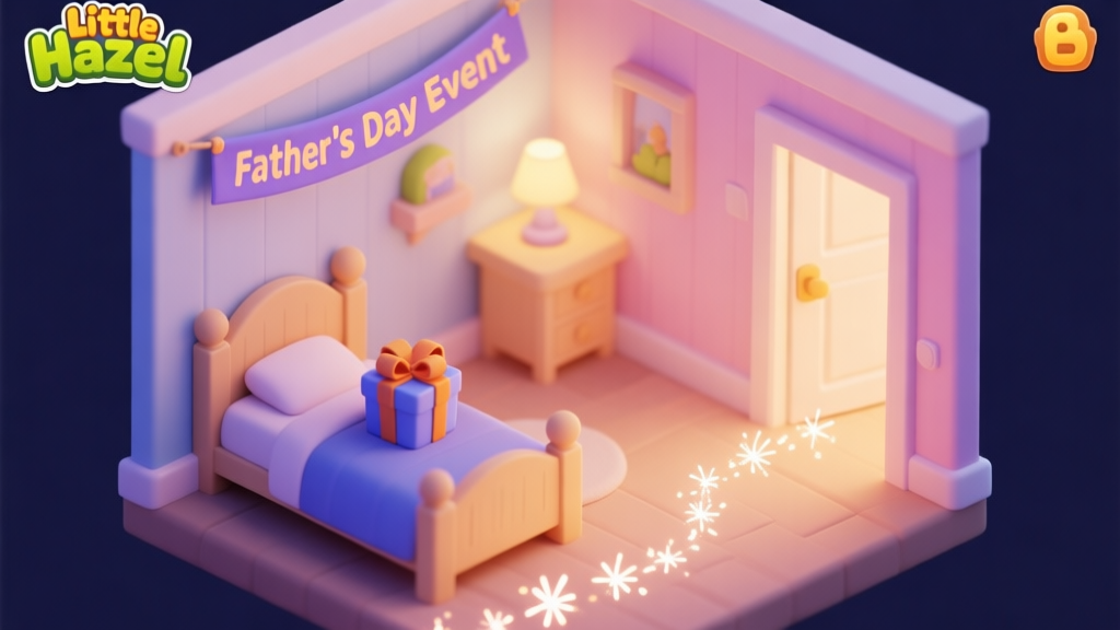 A cozy, isometric view of a child's room in Little Hazel game style, with a "Father's Day Event" banner hanging, a gift box on the bed, and a trail of sparkles leading to the door, soft pastel colors, warm lighting high quality illustration, detailed, 16:9
