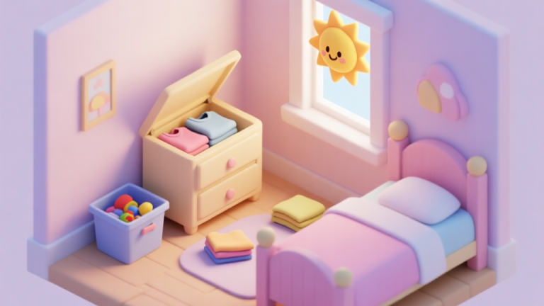 自动生成图片: A cozy, isometric view of a child's bedroom in a cartoon style, with soft pastel colors. A small dresser is open, clothes are neatly folded nearby, a toy bin sits in the corner, and a friendly sun shines through the window. The scene feels organized and peaceful. high quality illustration, detailed, 16:9