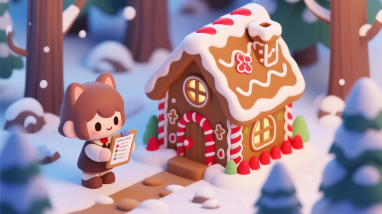 自动生成图片: Cozy isometric illustration of a magical gingerbread house in a snowy forest, with a cute anime-style character from Little Hazel looking at a checklist, warm and soft color palette with gingerbread browns and festive reds high quality illustration, detailed, 16:9