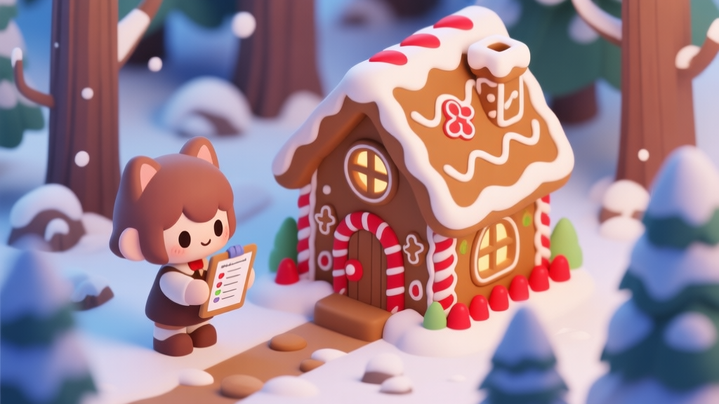 Cozy isometric illustration of a magical gingerbread house in a snowy forest, with a cute anime-style character from Little Hazel looking at a checklist, warm and soft color palette with gingerbread browns and festive reds high quality illustration, detailed, 16:9
