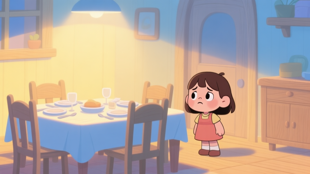 A cozy, softly lit dining room scene in a cartoon style. A table is partially set, with a cute, slightly confused-looking little girl character nearby. The color palette is warm with pastel yellows, blues, and soft wood tones. high quality illustration, detailed, 16:9