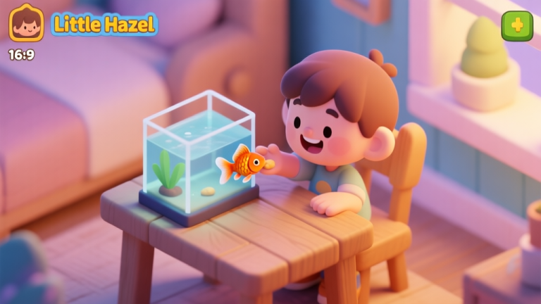 自动生成图片: A cozy, isometric game scene from Little Hazel showing a child character happily feeding a goldfish in a small, clean aquarium on a wooden table, warm lighting, soft pastel colors high quality illustration, detailed, 16:9