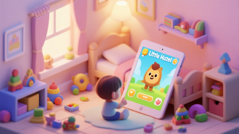 自动生成图片: A cozy, isometric digital illustration of a child's playroom with a tablet showing the Little Hazel game, soft pastel colors, warm lighting, toys scattered around, evoking a sense of calm and creative play high quality illustration, detailed, 16:9