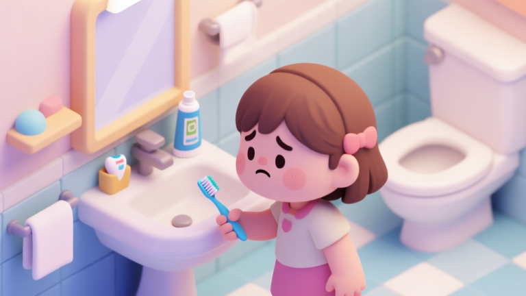 自动生成图片: Cute cartoon scene of a little girl in a bathroom, looking confused at a toothbrush and toothpaste, soft pastel colors, isometric view, game UI style high quality illustration, detailed, 16:9
