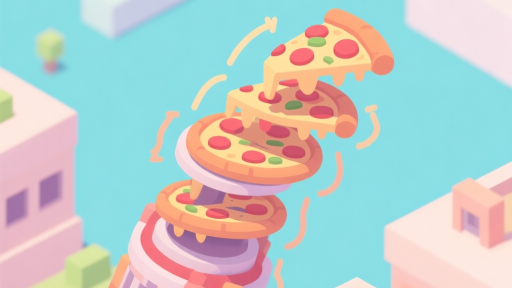 A playful, isometric illustration of a wobbling pizza tower with exaggerated physics lines showing force and tilt, soft pastel colors, clean game art style high quality illustration, detailed, 16:9