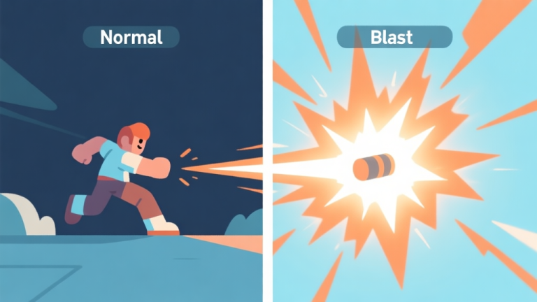 自动生成图片: A split-screen game illustration showing a character performing a normal dodge on the left side, and a Dodge Blast with a bright energy shockwave on the right side, minimalist style with soft blue and orange colors high quality illustration, detailed, 16:9