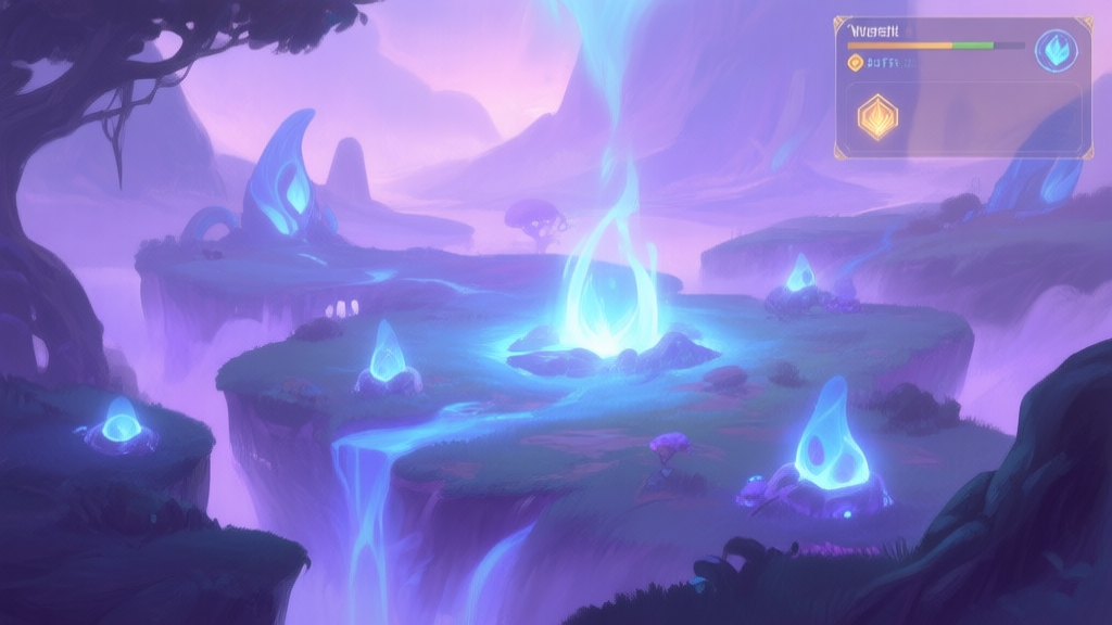 A serene, glowing zone in a fantasy game landscape with soft purple and blue energy fields, abstract resource nodes, and a faint UI overlay hinting at buffs, soft lighting, painterly style high quality illustration, detailed, 16:9