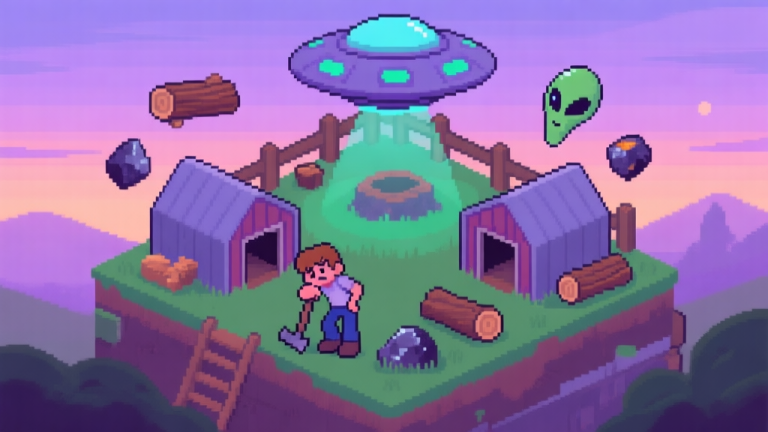 自动生成图片: A cozy, isometric view of a beginner's Ranch UFO base at dusk, showing a small farm with two alien pens, a character exhausted leaning on a tool, and floating resources like wood and ore. Soft purple and green color palette, pixel-art inspired style. high quality illustration, detailed, 16:9