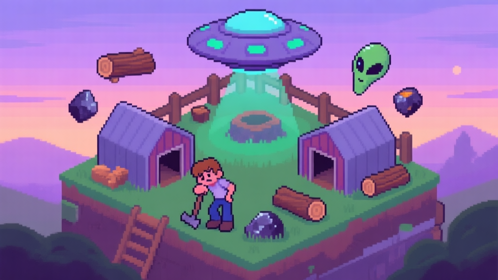 A cozy, isometric view of a beginner's Ranch UFO base at dusk, showing a small farm with two alien pens, a character exhausted leaning on a tool, and floating resources like wood and ore. Soft purple and green color palette, pixel-art inspired style. high quality illustration, detailed, 16:9
