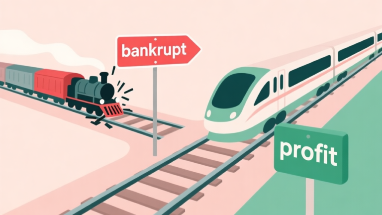 自动生成图片: A minimalist illustration of a train track branching into two paths: one leading to a red "bankrupt" sign with a crashed train, the other leading to a green "profit" sign with a smooth-running train. Soft pastel color scheme, flat design style. high quality illustration, detailed, 16:9
