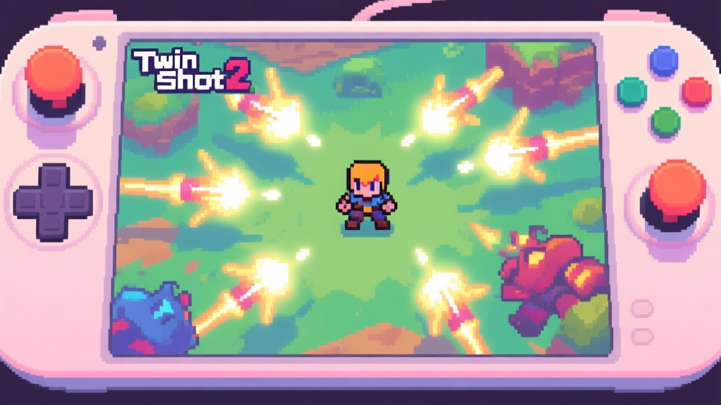 A top-down view of a vibrant pixel art battlefield in Twin Shot 2, showing a small hero character surrounded by glowing enemy projectiles, with dual control sticks highlighted on the screen edges, soft pastel color palette high quality illustration, detailed, 16:9