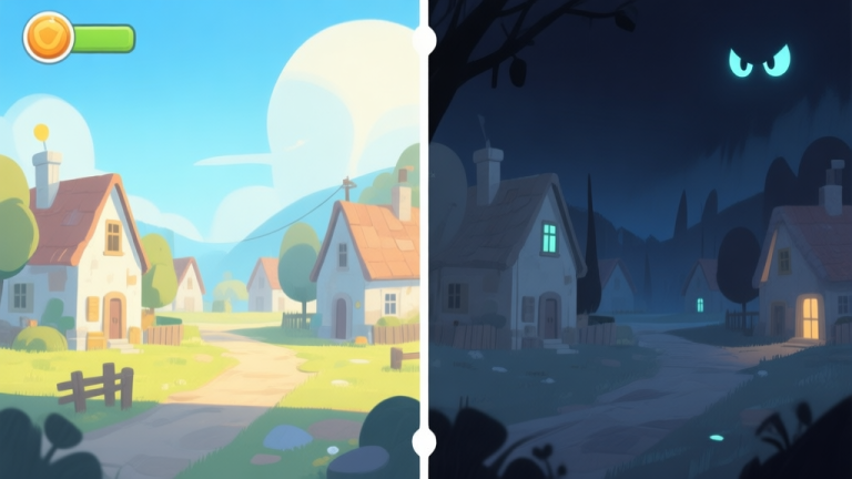 自动生成图片: A split-screen illustration showing a bright, peaceful daytime game scene on the left (sunny village) transitioning to a dark, tense nighttime scene on the right (same village with glowing eyes in shadows), using a soft, muted color palette with blues and greys high quality illustration, detailed, 16:9
