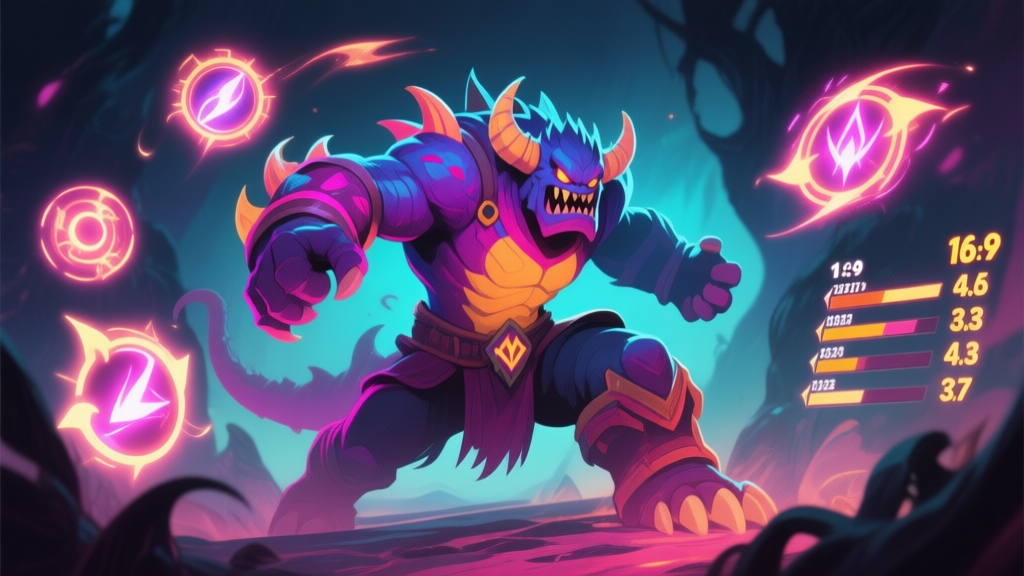 A vibrant, stylized illustration of a powerful monster character (Monster Max) in a dynamic battle pose, surrounded by glowing skill icons and stat numbers, set against a dark fantasy backdrop, soft color palette with neon accents high quality illustration, detailed, 16:9