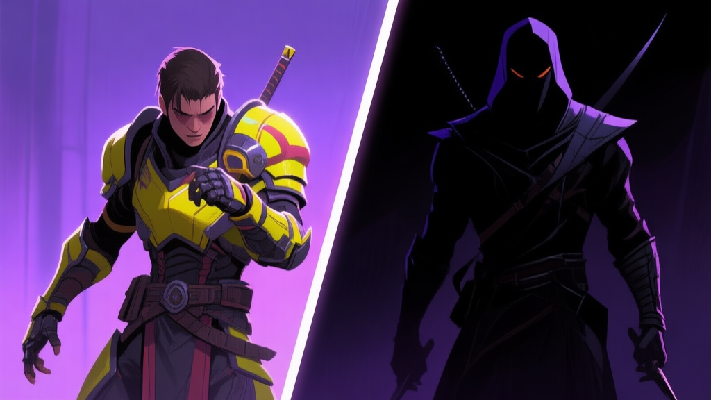 A split-screen image contrasting a clumsy, visible novice assassin in bright armor against a sleek, shadowy master assassin barely visible in the darkness, soft purple and black color scheme, video game concept art style high quality illustration, detailed, 16:9