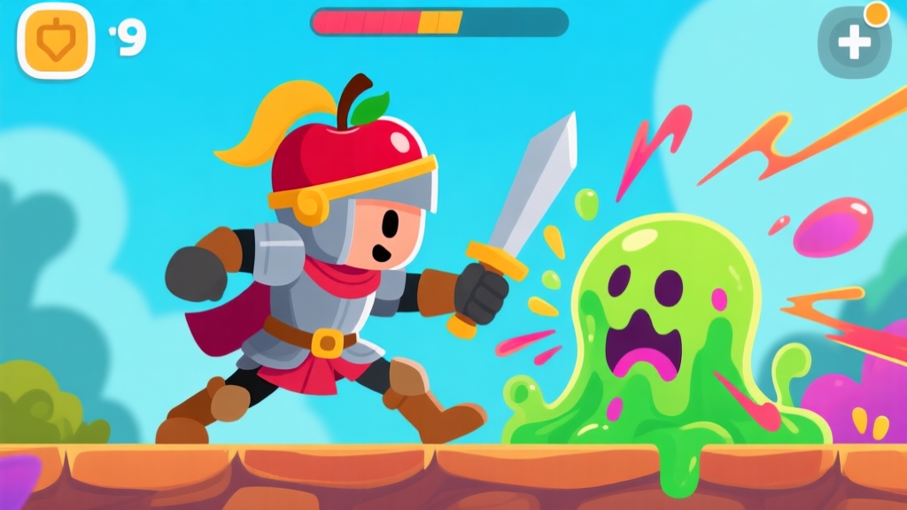 A side-scrolling mobile game scene featuring a cartoonish knight with an apple-themed helmet, mid-action, battling a slime monster, vibrant colors, dynamic action lines, simple UI elements visible high quality illustration, detailed, 16:9