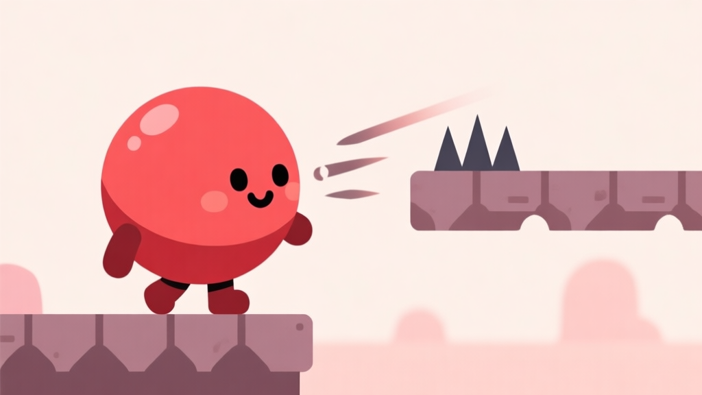 A cute red ball character in a minimalist platformer game scene, facing a moving spike trap and a disappearing platform, soft pastel background, clean vector illustration high quality illustration, detailed, 16:9