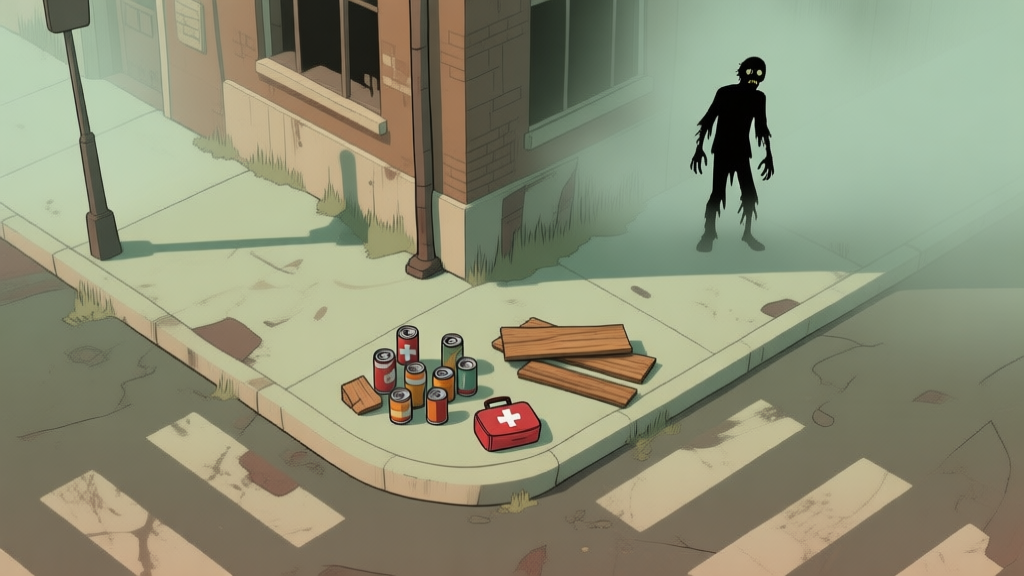 A top-down minimalist view of a post-apocalyptic street corner, showing strategic placement of resources (cans, wood planks, a first-aid kit) and a single zombie silhouette in the fog, soft desaturated color palette with muted greens and browns high quality illustration, detailed, 16:9