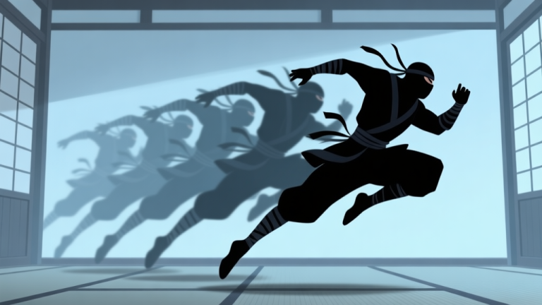 自动生成图片: A dynamic, shadowy ninja character frozen in mid-air after a dash, with multiple afterimages trailing behind, set against a minimalist dojo background with soft blue and grey tones high quality illustration, detailed, 16:9