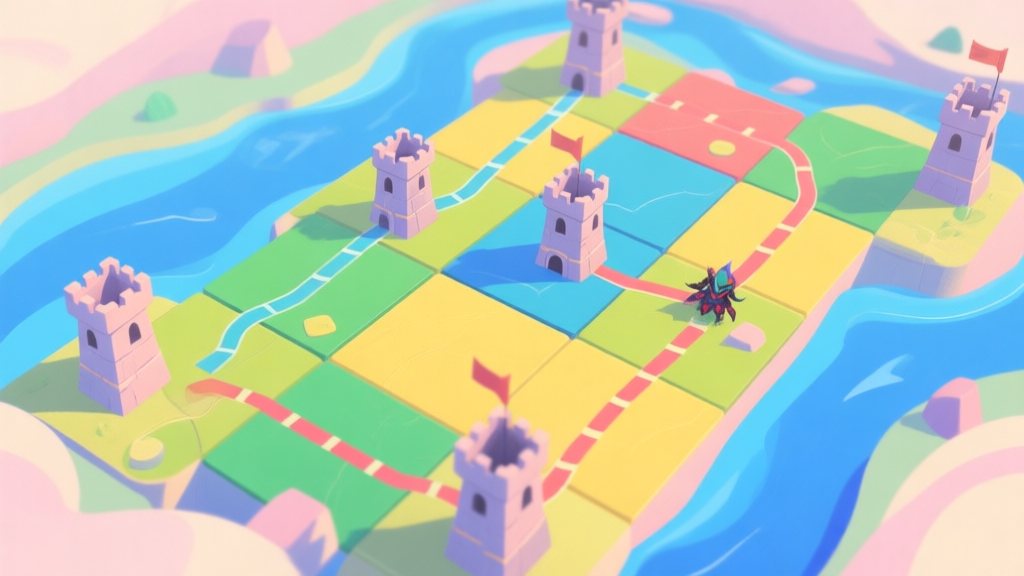 A top-down view of a vibrant, abstract Izowave game map showing strategic tower placements on different colored tiles, with enemy path lines weaving through, in a soft pastel color palette with blues, greens, and yellows high quality illustration, detailed, 16:9
