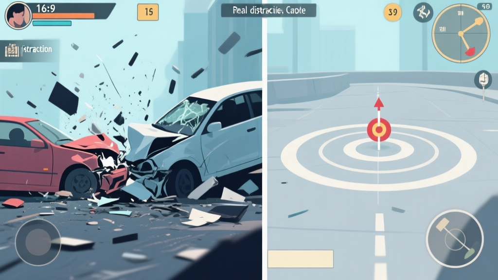 A split-screen game scene showing a chaotic car crash on one side (distraction) and a clean, strategic objective capture on the other side (real goal), in a muted color palette with soft blues and greys high quality illustration, detailed, 16:9