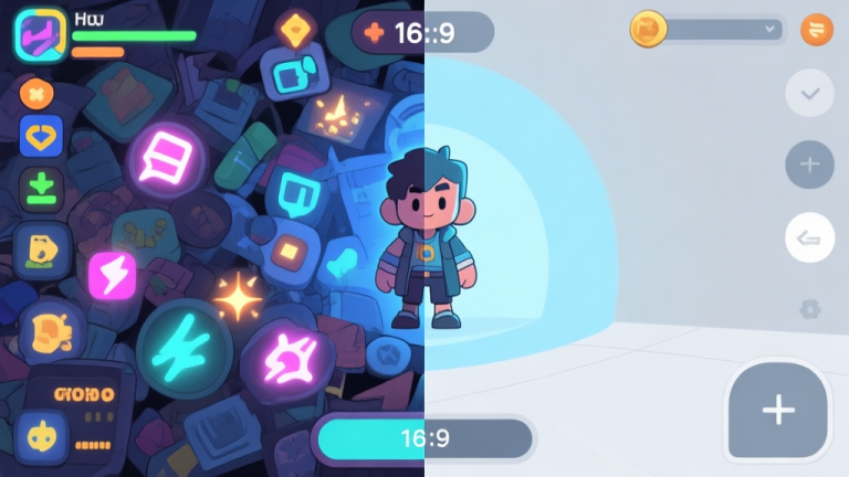 自动生成图片: A split-screen illustration showing a cluttered, visually noisy game HUD with flashing icons on one side, versus a clean, minimalist interface with clear focus on the central character on the other, using a soft color palette of blues and greys high quality illustration, detailed, 16:9