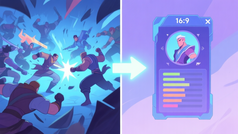 自动生成图片: A split-screen illustration showing a chaotic team fight on one side and a calm, strategic character stat screen on the other, connected by a glowing arrow, in a soft color palette of blues and purples high quality illustration, detailed, 16:9