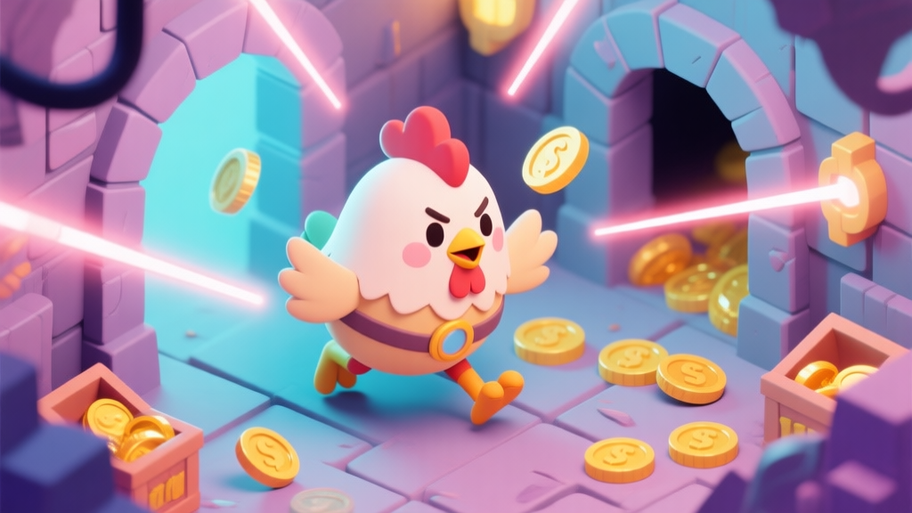 A cute, determined cartoon chicken hero in a vibrant, chaotic dungeon scene, dodging laser beams and collecting shiny coins, isometric perspective, soft pastel colors, dynamic action -ar 16:9 high quality illustration, detailed, 16:9
