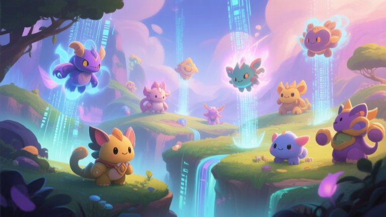 自动生成图片: A vibrant and magical digital landscape showing diverse cute and powerful creature designs emerging from data streams, soft glow effects, fantasy game art style high quality illustration, detailed, 16:9
