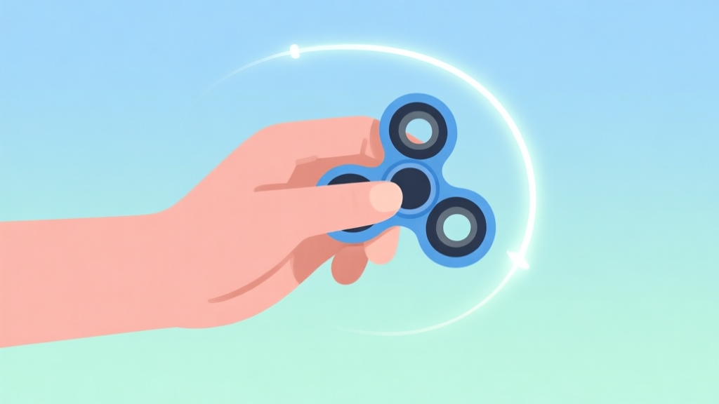 A minimalist, flat-design illustration of a hand holding a fidget spinner in mid-air, with a glowing trajectory line showing perfect spin timing, against a soft gradient background of pale blue and mint green high quality illustration, detailed, 16:9