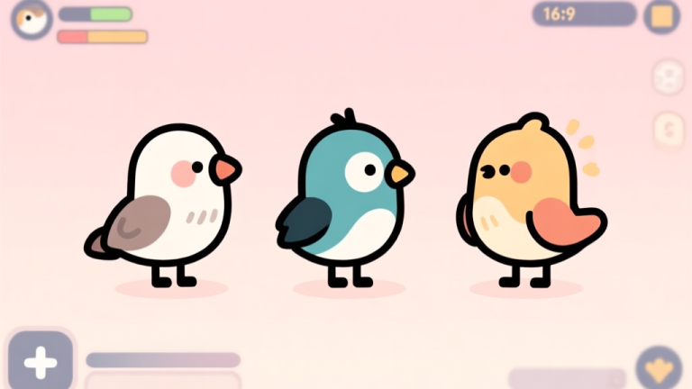 自动生成图片: A minimalist, playful illustration showing three distinct cartoon bird characters side by side, each with a different posture and aura, on a soft pastel background with subtle game UI elements high quality illustration, detailed, 16:9