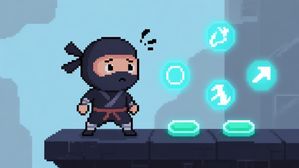 A pixel art scene of a small ninja character standing on a dark platform, looking confused, with glowing buttons for jump, attack, and movement floating nearby, in a soft blue and grey color scheme high quality illustration, detailed, 16:9
