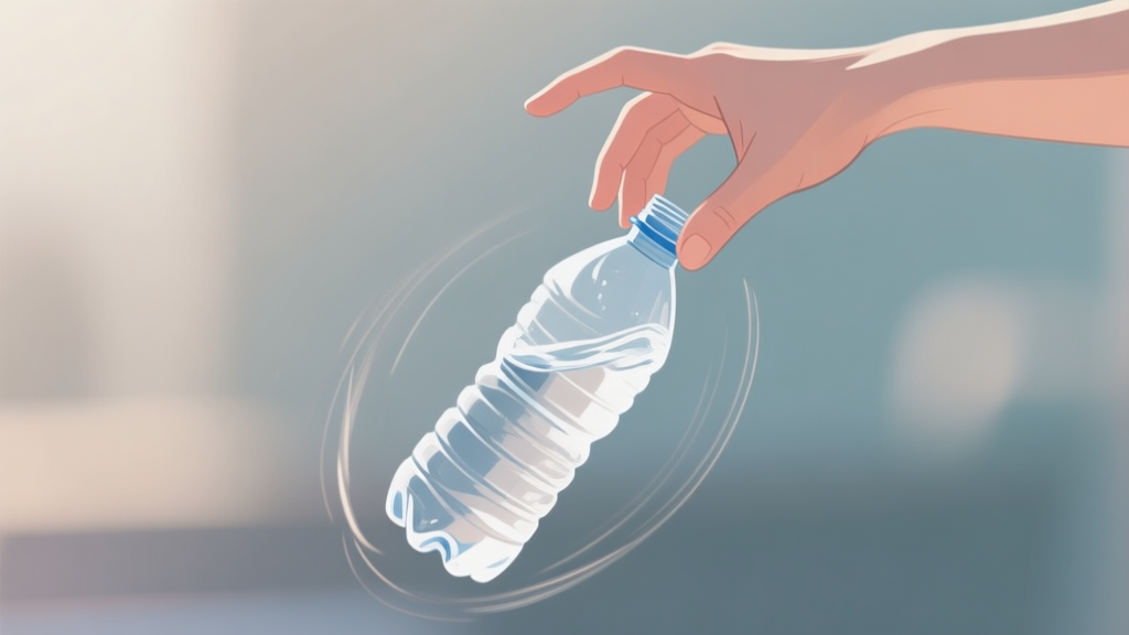 A hand gracefully flipping a water bottle in mid-air rotation against a soft, blurred background, with subtle motion lines, in a calm and focused color palette high quality illustration, detailed, 16:9