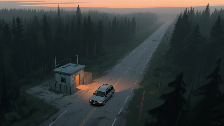 自动生成图片: A top-down view of a desolate road cutting through a dark forest, with a small, fortified station wagon in the foreground. The scene is at dusk with a soft, eerie glow, using a muted color palette of greys, dark greens, and oranges high quality illustration, detailed, 16:9