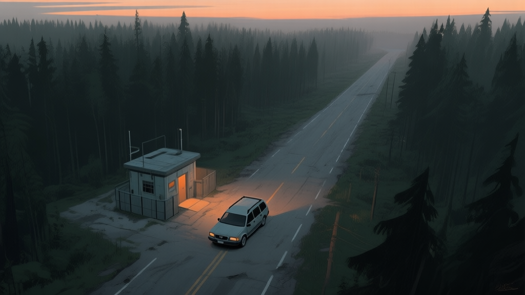A top-down view of a desolate road cutting through a dark forest, with a small, fortified station wagon in the foreground. The scene is at dusk with a soft, eerie glow, using a muted color palette of greys, dark greens, and oranges high quality illustration, detailed, 16:9